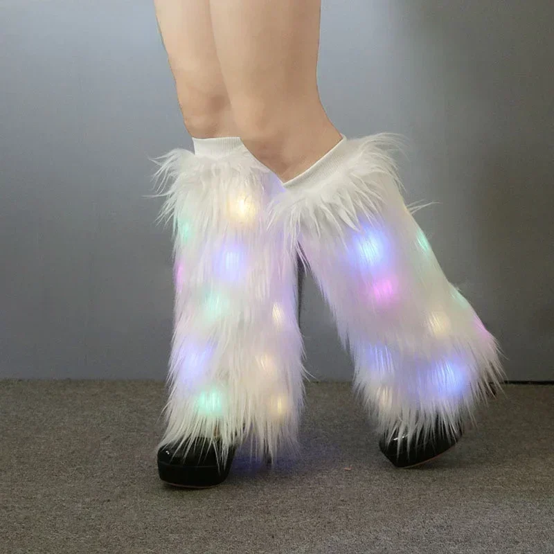 40cm Exaggerated Disco Club Imitation Wool Boots Plush Socks Long Lighted Stage Performance Fur Fluffy High Leg Guards Female