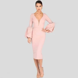 Chic Tea-Length Mother of the Bridal Dress with Belt V-Neck Long Sleeve Jersey Beading and Feathers Custom Made Gown for Wedding
