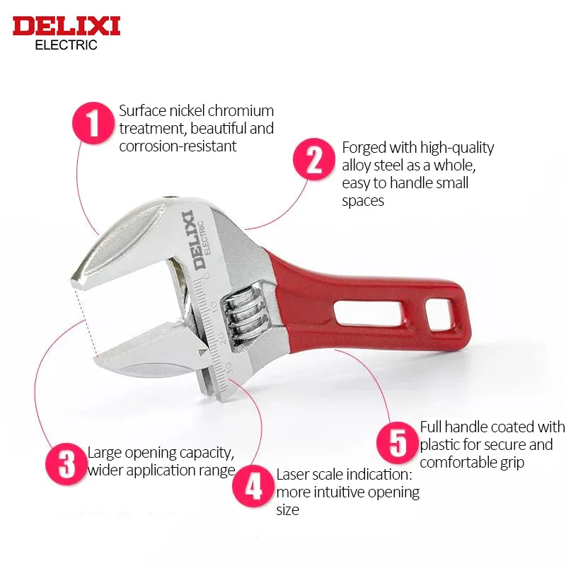 DELIXI ELECTRIC Short Handle Wrench，Big Opening Ratchet Wheel Adjustable Bathroom Wrench，for MaintainingBathroomPiping Facilitie 2