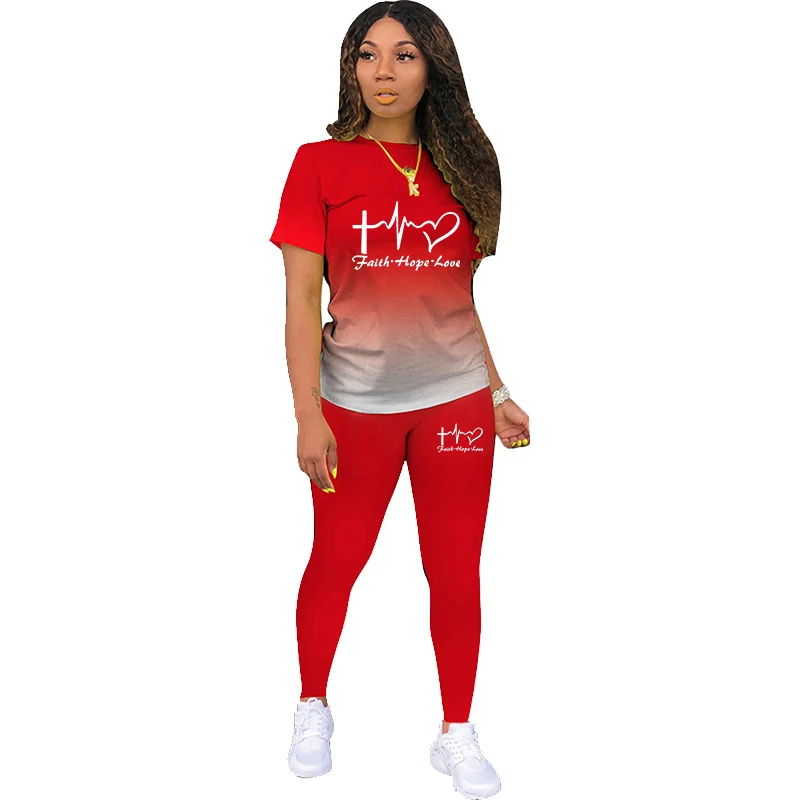 Faith Hope Love Printed Women's  2 Piece Set Jogging Suit Summer Fashion Casual Tshirt+Long Pant Female Sexy Outfits Set
