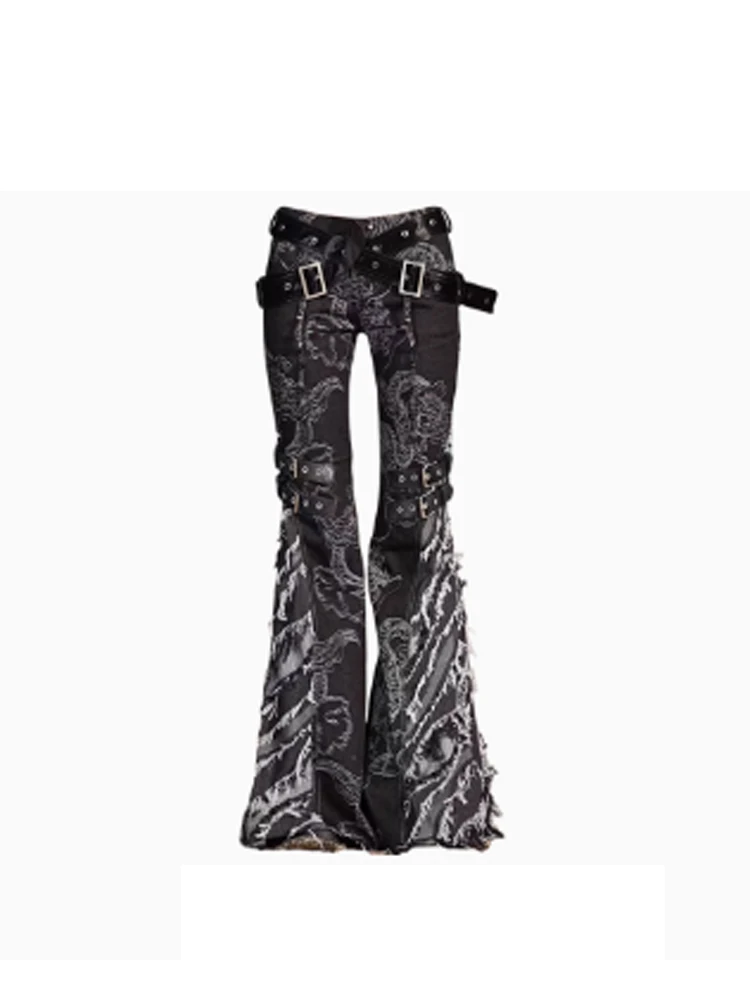 Women Black Goth Baggy Y2k Flare Ripped Jeans Oversize Denim Trousers Vintage Japanese 2000s Style Emo Jean Pants Trashy Clothes 2