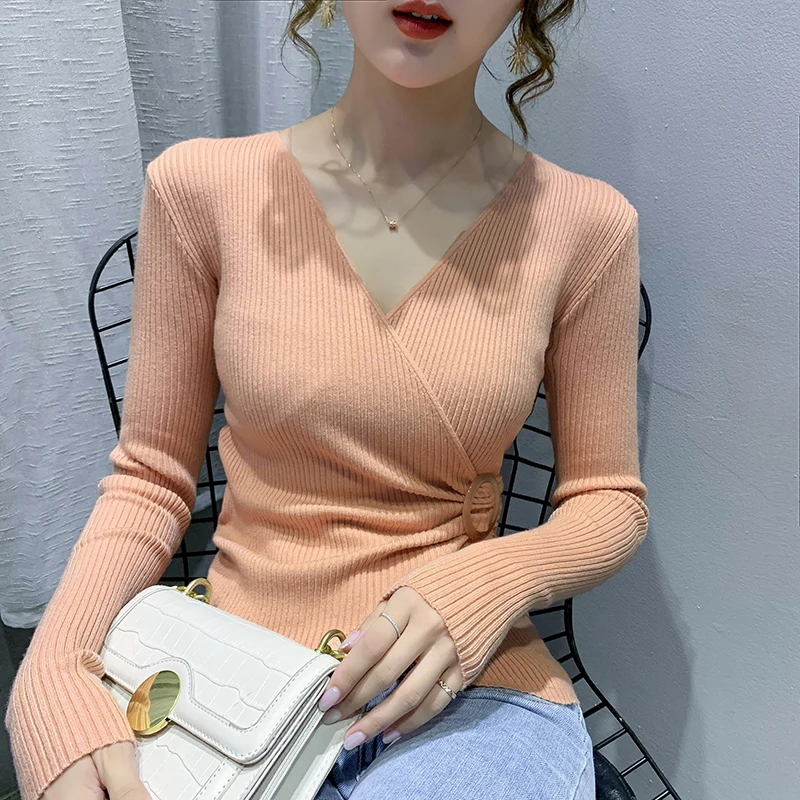 MadBlack European Clothes Sweater Women V Neck Irregular Crossover Slim Knitwear Top Long Sleeve Pullover Autumn Spring T38078JM