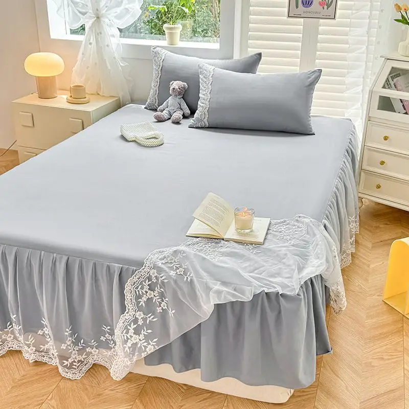 1PCS Pink Elegant Princess Bed Skirt Non-slip Mattress Cover Ruffled Lace Solid Color Bedsheet Protector Bedspread No Pillowcase 6