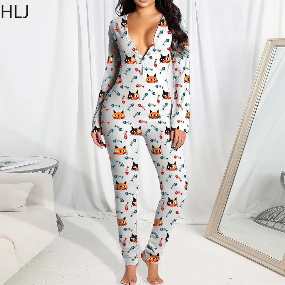 HLJ Fashion Christmas Cartoon Print Jumpsuit Women V Neck Zipper Back Hollow Out Playsuits Casual Female Slim Overalls Pajamas