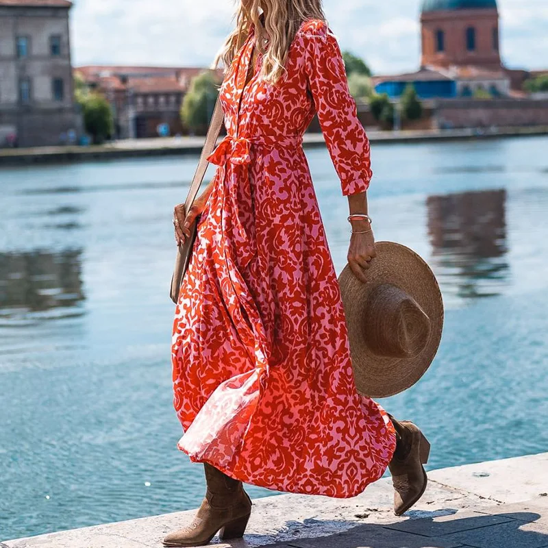 

Lady Casual Single Breasted Lace-up Party Dress Early Autumn Long Sleeve Bohe Graphic Dresses Women Fashion Loose Long Dress