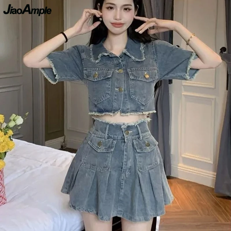 Women Summer Vintage Denim Coat Mini Skirts Two Piece Sets Lady Fashion Personality Short Jackets Skirt Outfits 2023 Streetwwear cotton jacket diamond winter jackets for women 2023 thickened personality bread clothes loose fashion woman clothing new coat