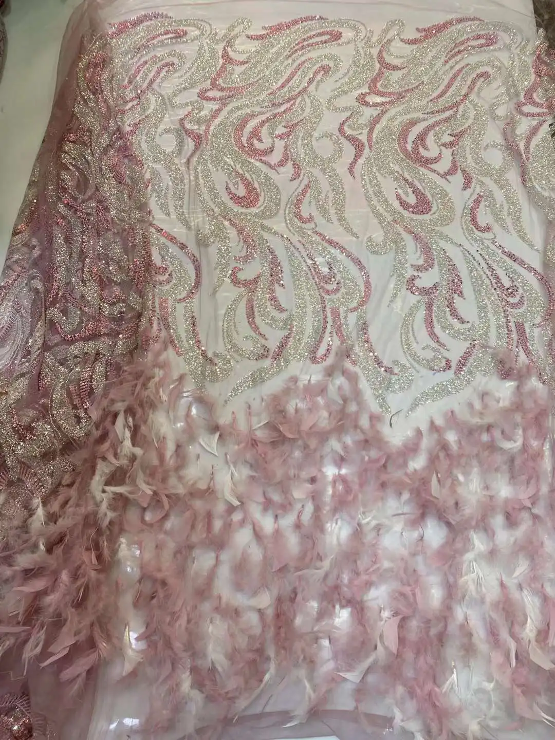 

Beautiful Handmade Feathers With Mulitcolor Beads Embroidery African Lace Fabric French Tulle Net For Evening Dresses Weddings