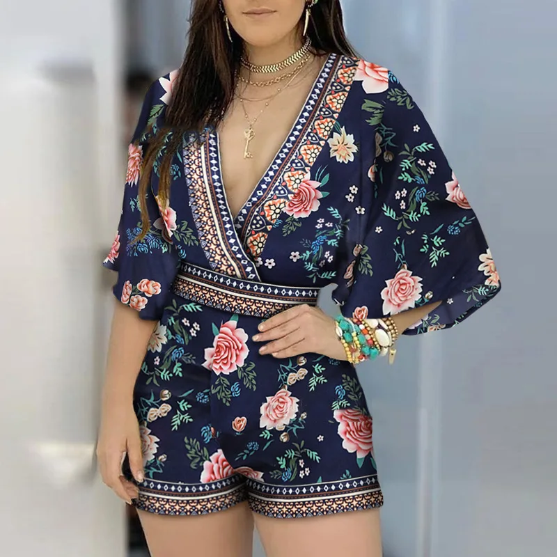 Women One Pieces Bodysuit Women Fashion Elegant Jumpsuit New Summer Floral Print Flare Sleeve V-Neck Casual Jumpsuits for Women