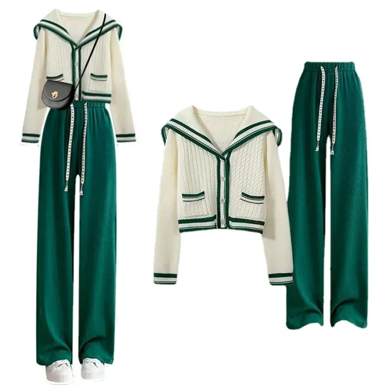 

Sailor Collar Two Piece Set for Women Knitted Cardigan + Pant Sets Long Sleeve Korean Outfit Tracksuit 2023 New Knit Autumn Suit