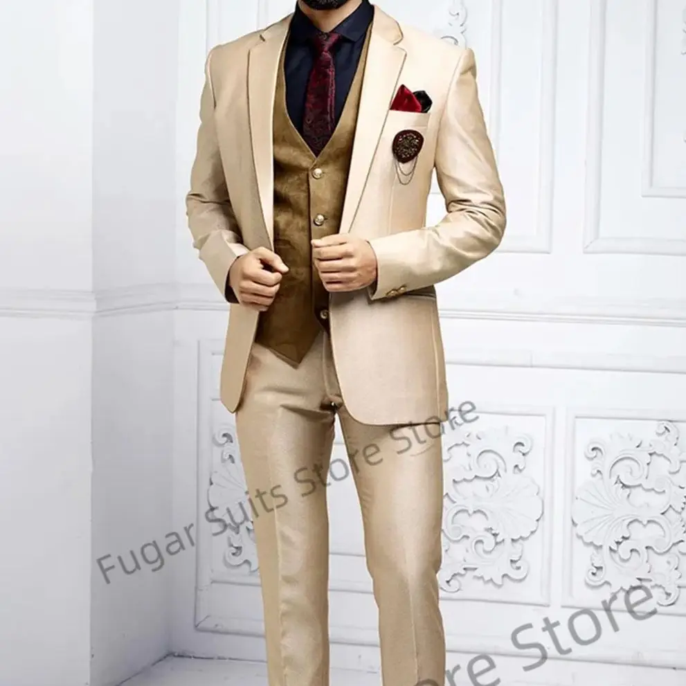 Luxuly Golden Elegant Suit For Men Slim Fit Notched Lapel Formal Groom Tuxedos 3 Pieces Sets Business Male Blazer Costume Homme