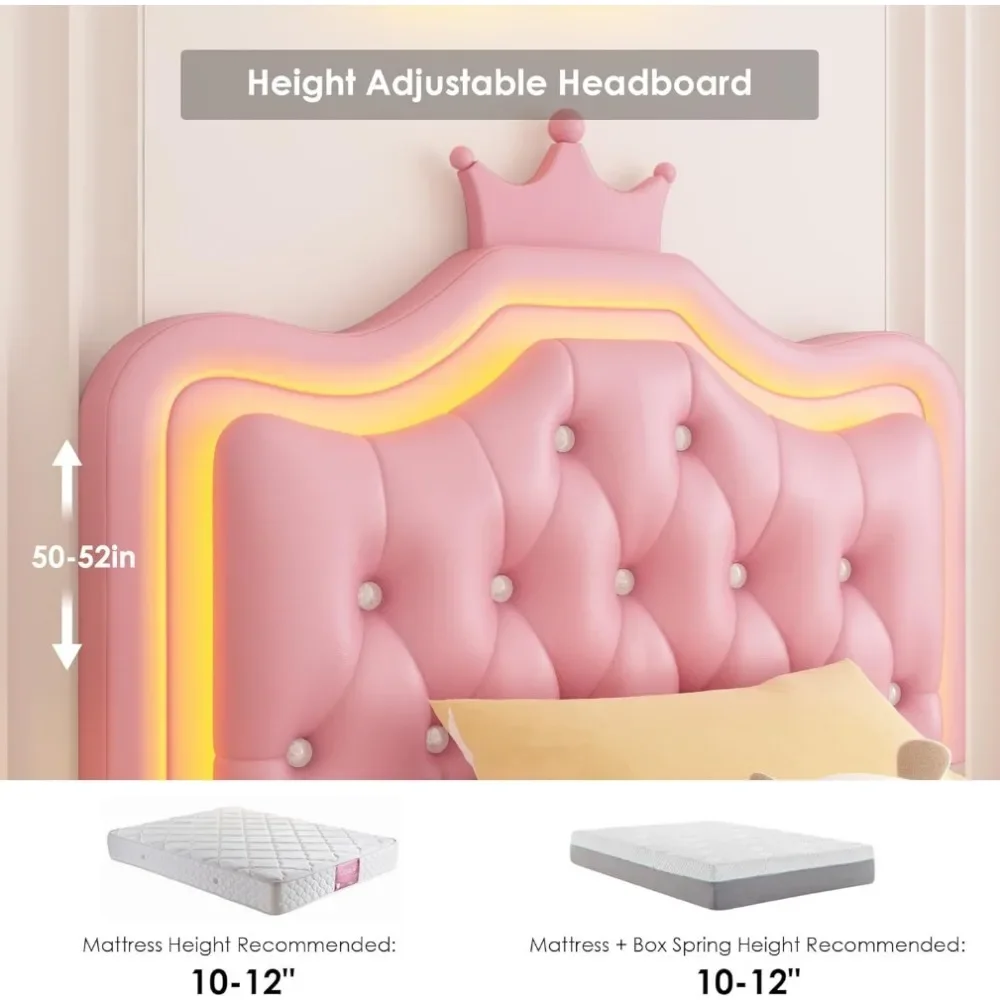 Twin Upholstered LED Bed Frame with Storage Drawer, Leather Princess Platform Bed 6