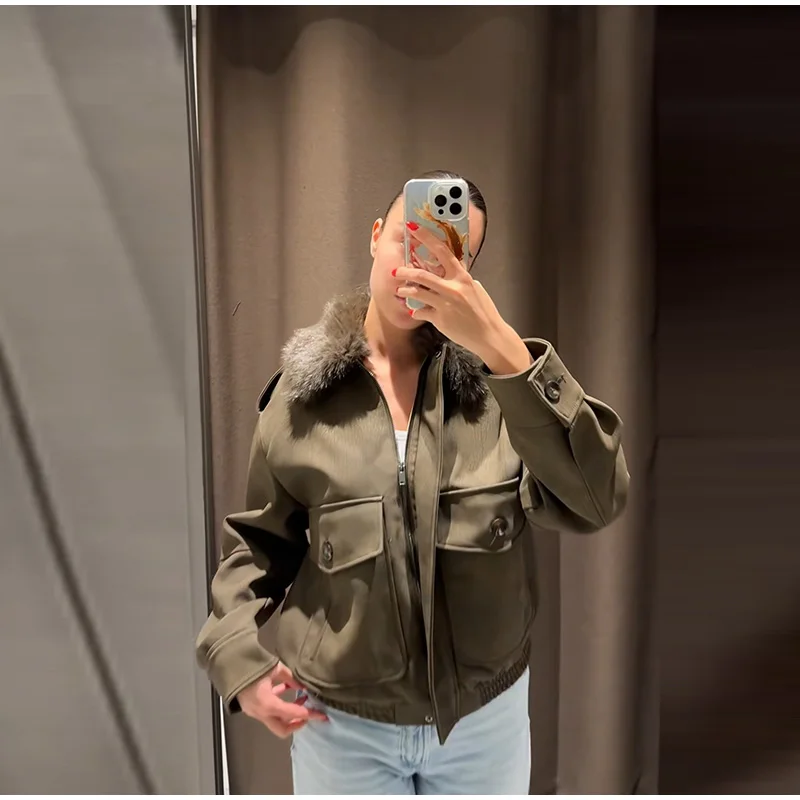 Vintage Damen-Jacke mit Kunstpelzkragen, kurzer Wildledermantel, Reißverschluss, warme Herbst-Winter-Oberbekleidung, High-Street-Outfit – Detail 5