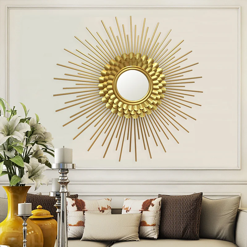 

Living Room Sofa Background Wall Hanging Mirror Luxury Iron Sun Mirror Pendant Creative Simple Hallway Metal Wall Decorations