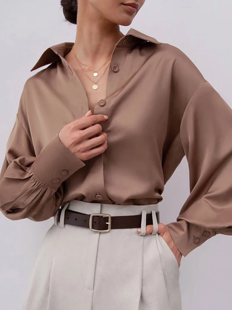 

Spring Autumn Women Casual Shirts Fashion Lantern Sleeves Satin Silk Blouse Solid Turn Down Collar Office Lady Workwear Blouses