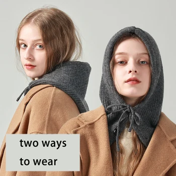 Winter Balaclava Hat for Women MenKnitted Hooded Cap One-Piece Neck Collar Beanies Cap Outdoor Warmer Drawstring Hat Windproof