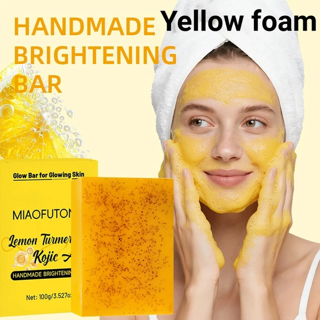 Savon artisanal exfoliant au curcuma, citron et acide kojique 100g, mousse jaune, pour le visage et le corps 1
