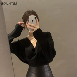 Pullovers Women Autumn Solid Sweaters Criss-Cross Korean Style Elegant Warm Spring Daily All-match V-neck Office Lady Casual New