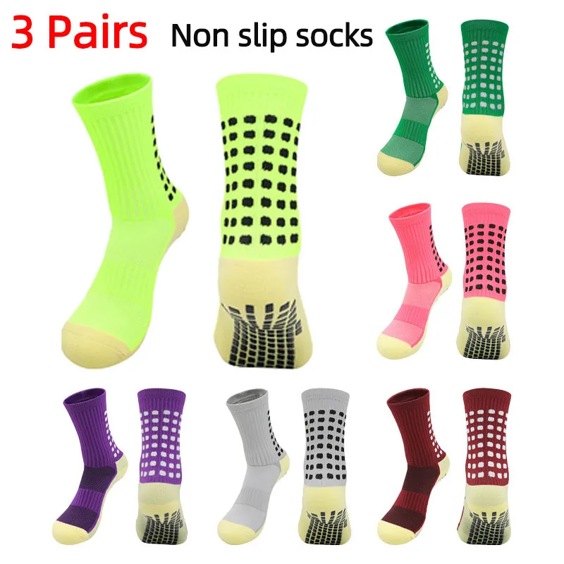 3 Pairs Anti Slip Soccer Socks Adults Men Women Non Slip Grip Socks Football Baseball Rugby Towel Bottom Mid-Tube Sport
