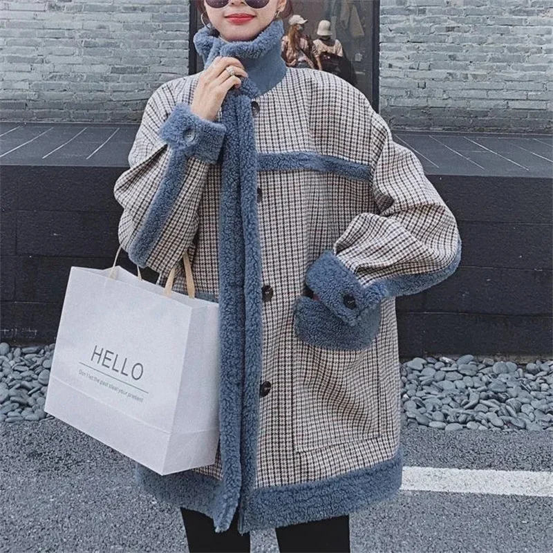 Hong Kong Style Lamb Wool Patchwork Jacket For Women in Autumn Winter 2023 New Korean Version Loose Checked Cotton Coat in Trend