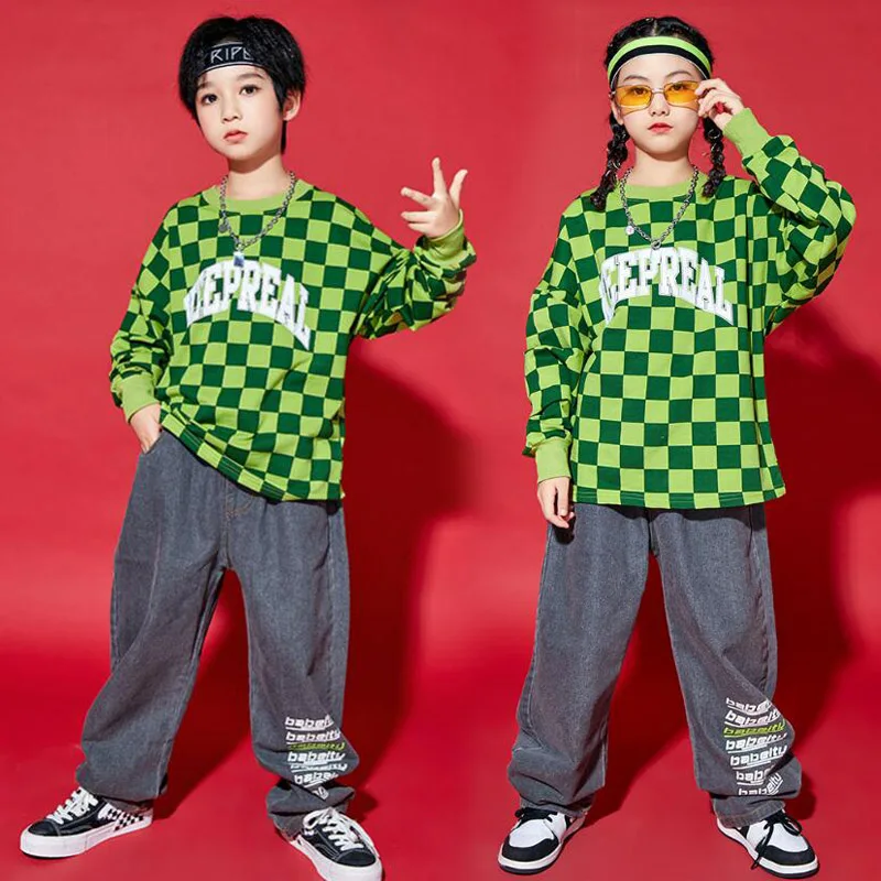 

Kids Street Outfits Hip Hop Clothing Green Oversize Sweatshirt Jeans For Girls Boys Teenage Kpop Dance Costume Stage Clothes