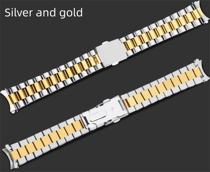 Elegant Silver & Gold Two-Tone Curved End Stainless Steel Watchband with Solid Links