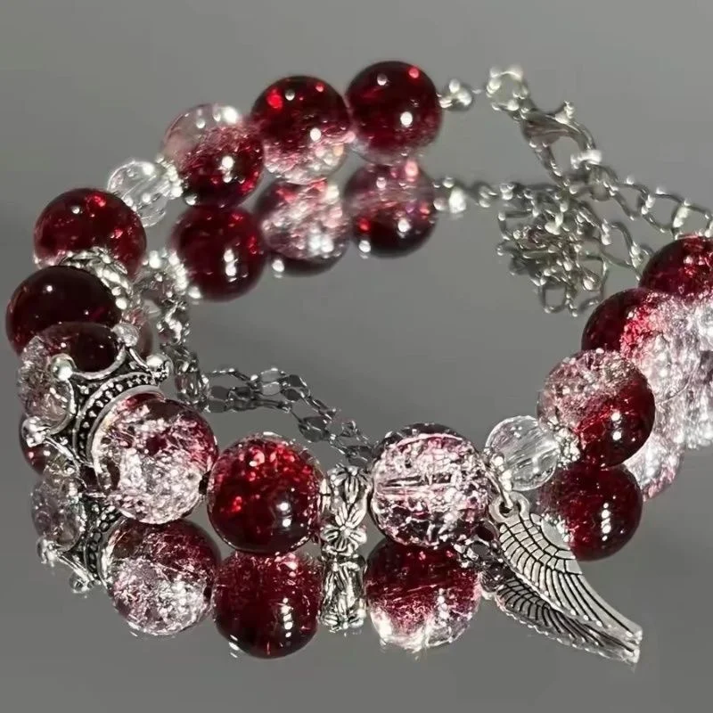 Beaded Bracelet Creative Personalized Red Crystal Feather Pendant Vintage Elastic Beaded Chain for Women