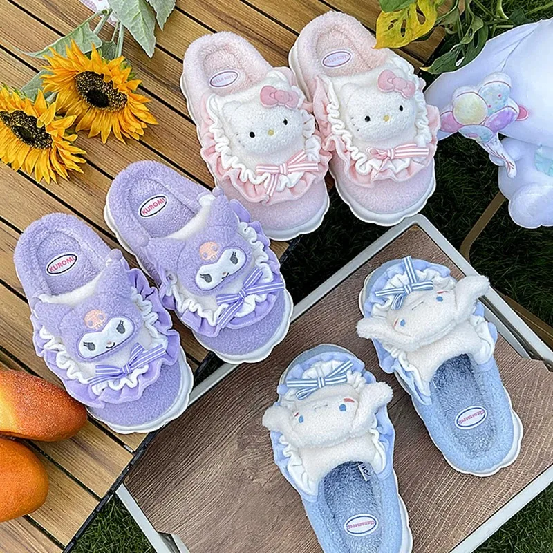 Kawaii Sanrio Hello Kitty Fuzzy Slipper Cinnamoroll Kuromi My Melody Women Winter Plush Non Slip Slippers Cute Home Flat Shoes