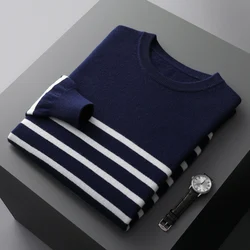 100% pure wool men's round neck striped contrast casual fashion long sleeve pullover cashmere sweater