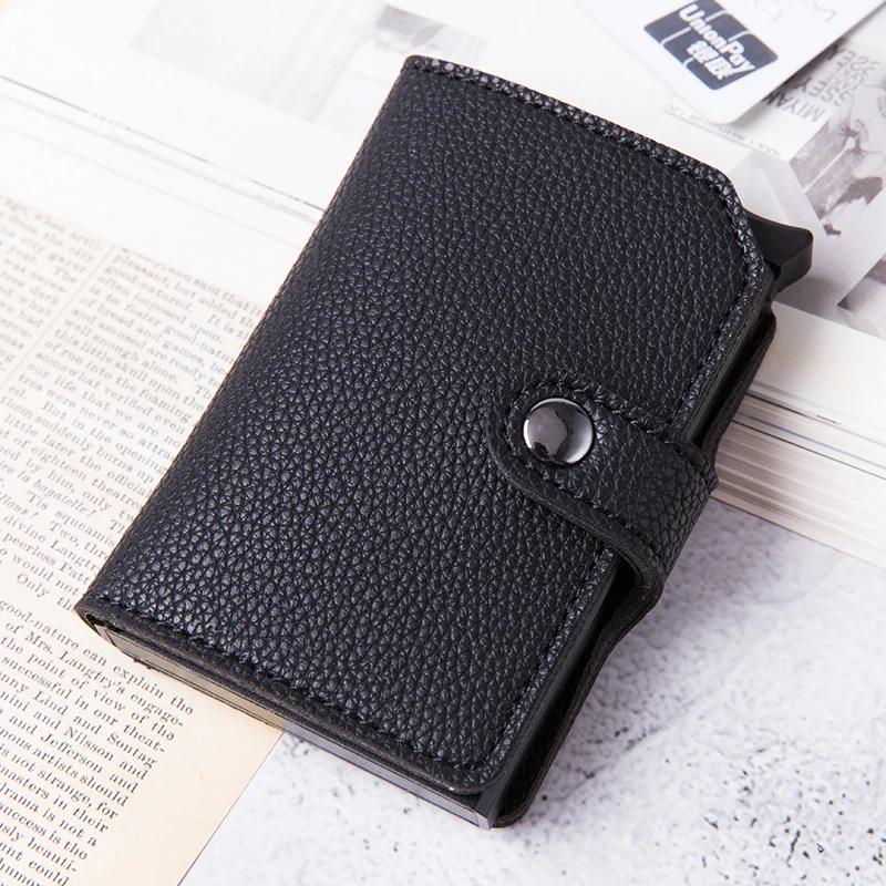 Card Holder Pu Litchi Leather Pop Up Case Smart Wallet Men Slim RFID Pochette Purse Aluminum Money Clip Carbon Fiber Business