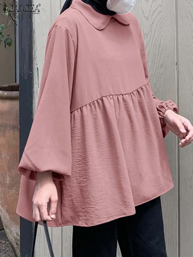 

ZANZEA Turkey Hijab Tops Dubai Abaya Women Long Sleeve Muslim Blouse Femme Work Blusas Puff Sleeve Shirt Ramadan Isamic Clothing