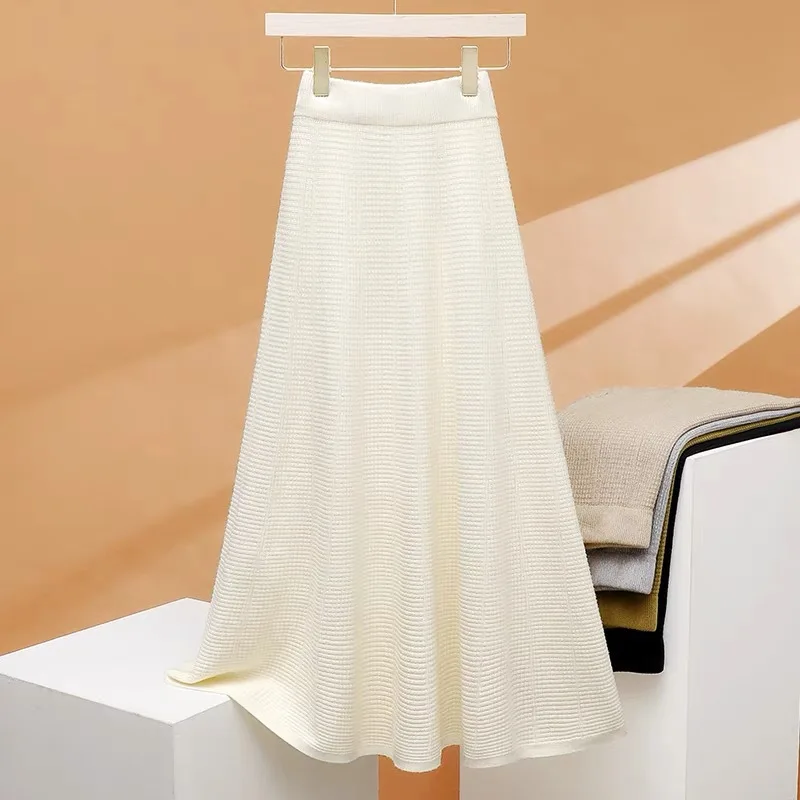 

Осенне-зимняя новая женская трикотажная юбка с завышенной талией, трапециевидная Женская плиссированная Длинная шерстяная юбка средней длины с широкой юбкой, элегантная