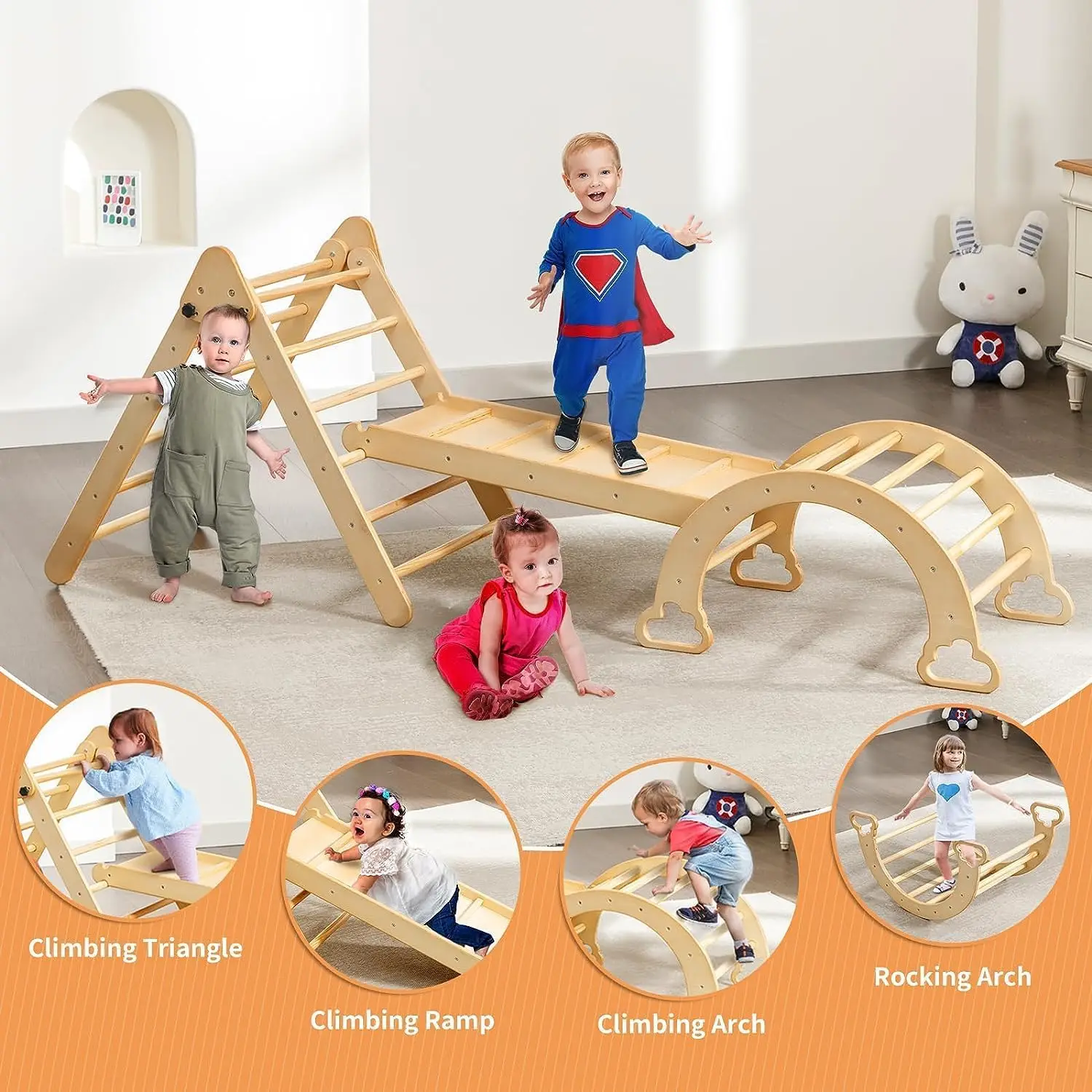 5 in 1 Pikler Triangle Set Wooden Montessori Climbing Set Inside Foldable with Ladder Ramp Arch Rocker and Slide Climbing Toys 4