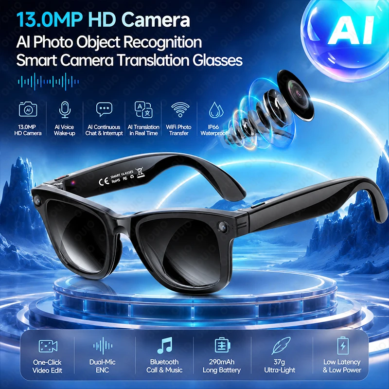 Smart Glasses 1300W HD Camera Photo Translation WIFI Transmission AI Photo Recognition Waterproof EIS Anti-shake Smart Glasses