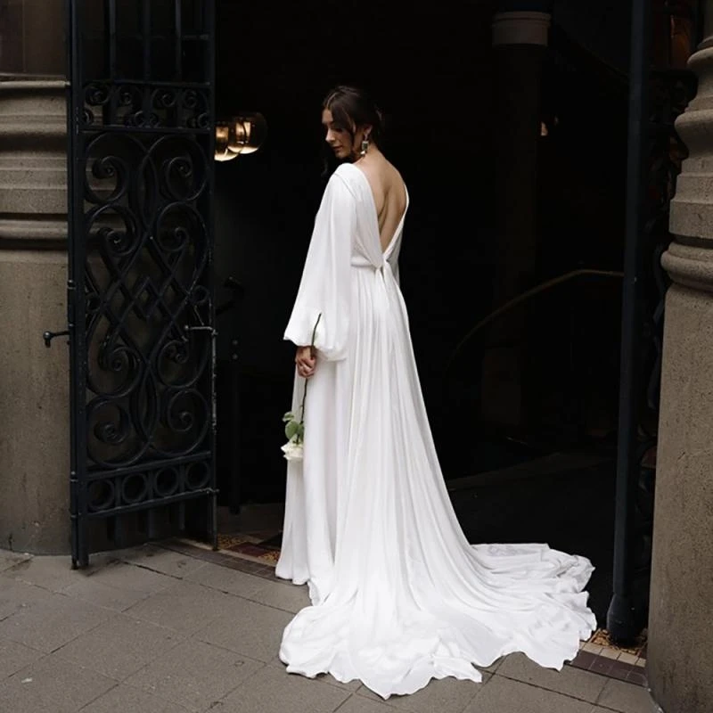 

V Neck Long Puff Sleeves Bobo Wedding Dress 2023 A Line Backless High Slit Sweep Train Simple Chiffon Bridal Gown
