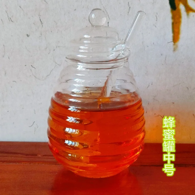 Household Transparent Glass Honey Jar with Lid Glass Stirring Stick Honey Bottle Creative Glass Transparent Jar Glass Container 3