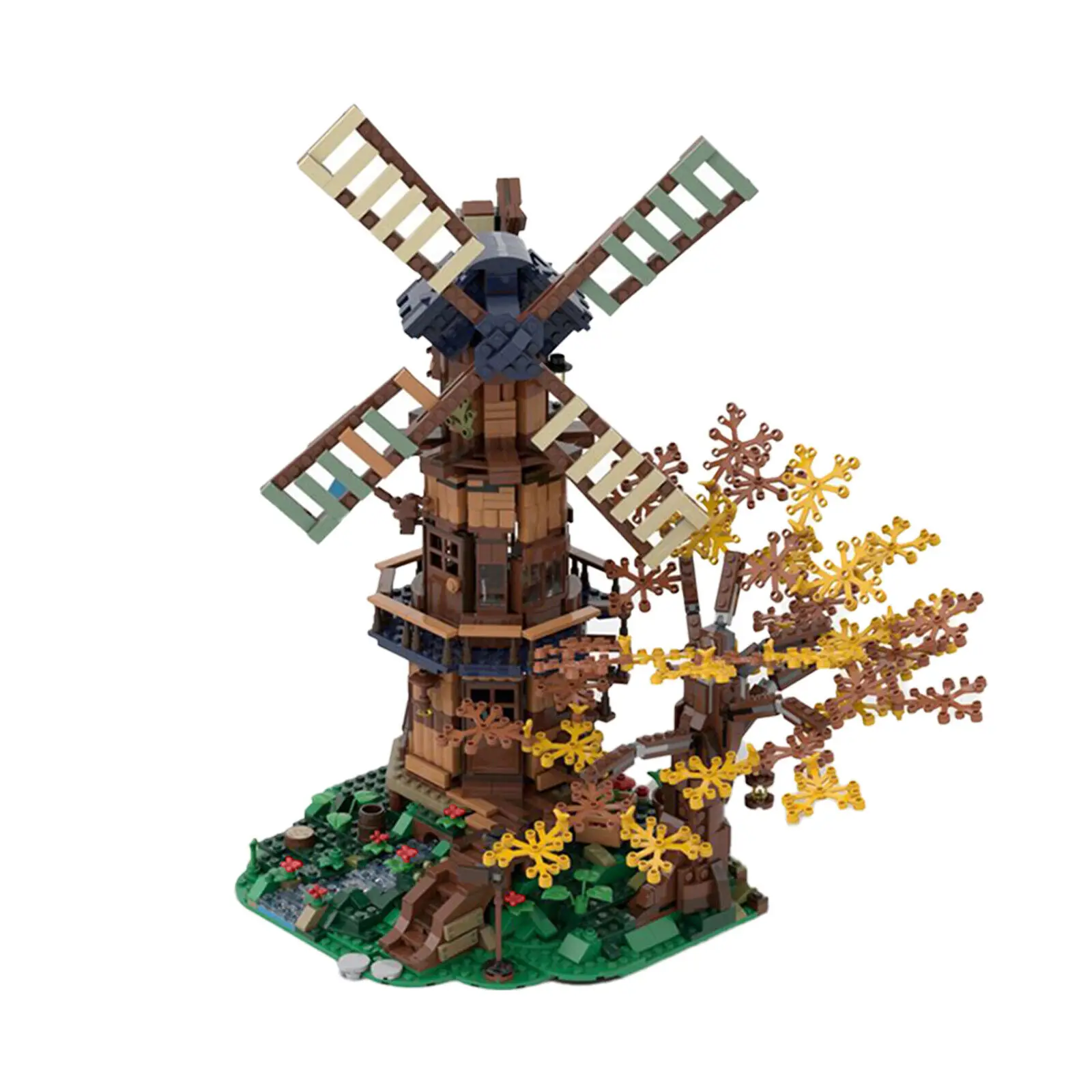 

Modular Building: Mill with a Small River and a Tree 1778 Pieces MOC Build