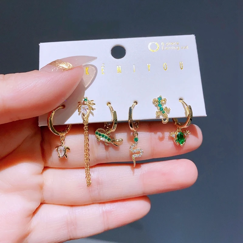 2023 New Design Cute Small Animal Pendant Dangle Earrings Set Gold Plated Green Cubic Zirconia Women Jewelry 5