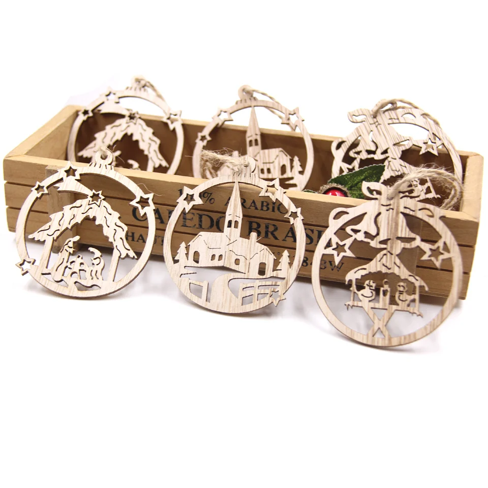 6PCS Christmas Wooden Pendants Creative Hollow Hanging Ornaments for Christmas Tree Decor Kids Gifts DIY Painting