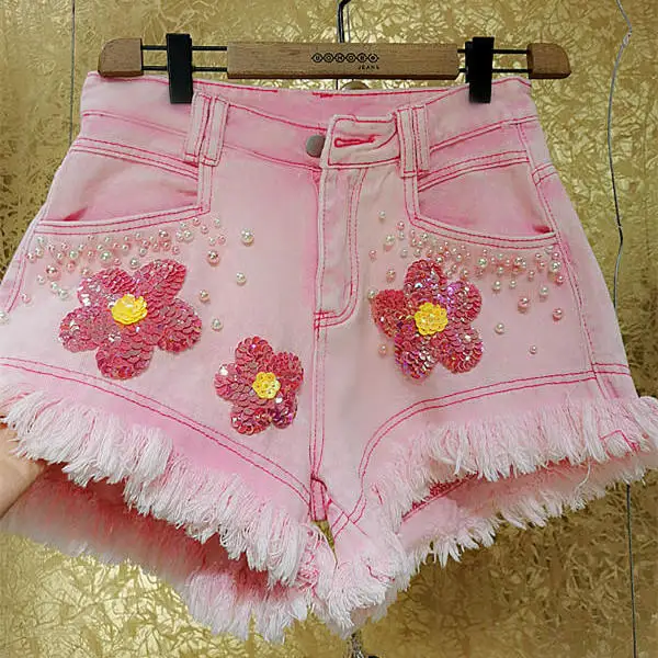 Luxury pearl pink three-dimensional princess sequin flower tassel edge denim shorts  y2k jeans  pants