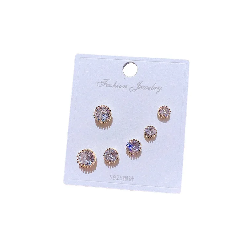 Classic 3 Pairs Square Heart Round Cubic Zircon Stud Earrings Set Gold/Silver Color Crystal Jewelry 6