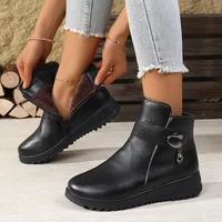 2025 Winter New Women's Ankle Boots - Side Zipper Plush Lined, Buckle Decor with Pendant, Non-Slip Wedge Heel, Warm & Elegant