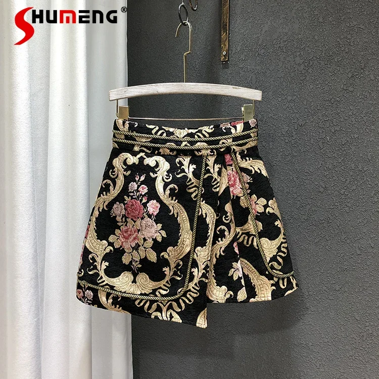2023 Spring New Palace Style Retro Heavy Industry Jacquard Fake Two-Piece High Waist A- Line Skirt Women's Shorts Skirts zazomde autumn new fake two piece polo sweater loose retro knitted cashmere sweater man thick coat high street couple pullover
