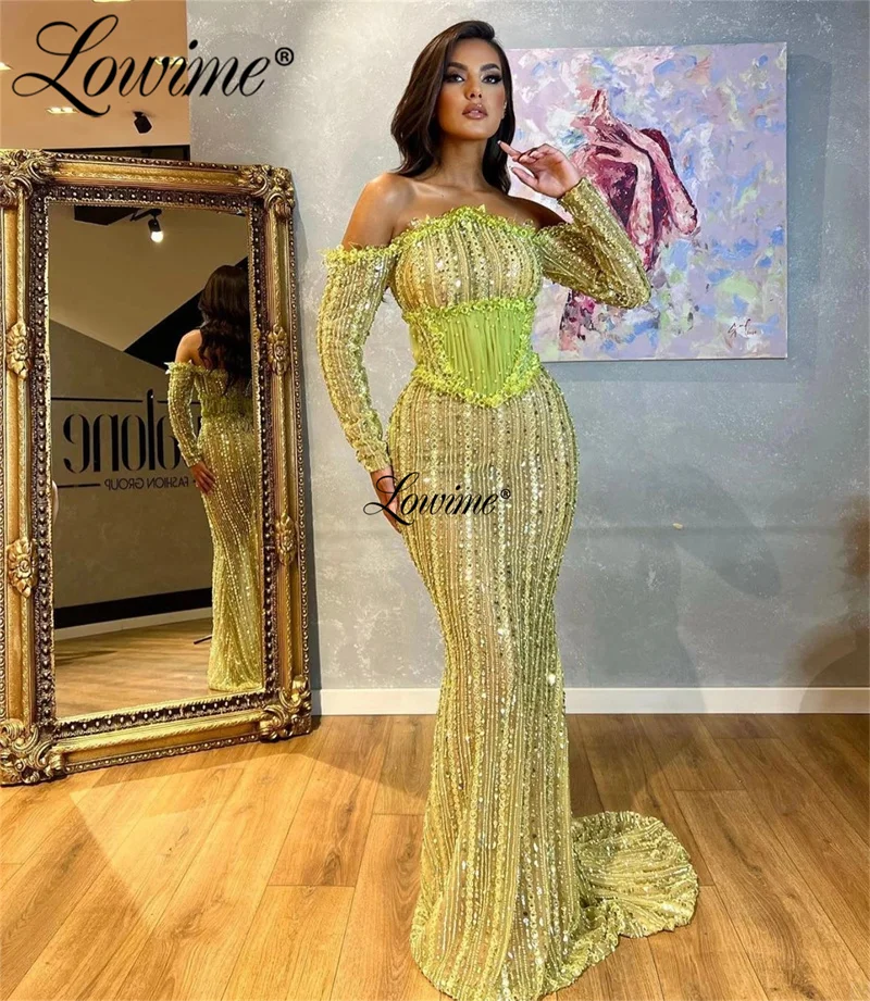 

Женское вечернее платье-Русалка Lowime, зеленое платье с открытыми плечами и бисером, платье для выпускного вечера с длинным рукавом и кристаллами, свадебное платье