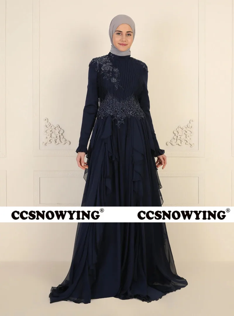 

Chiffon Appliques Long Sleeve Islamic Evening Dresses High Neck Muslim Formal Party Gowns Arabic Kaftan Hijab Robe De Soiree