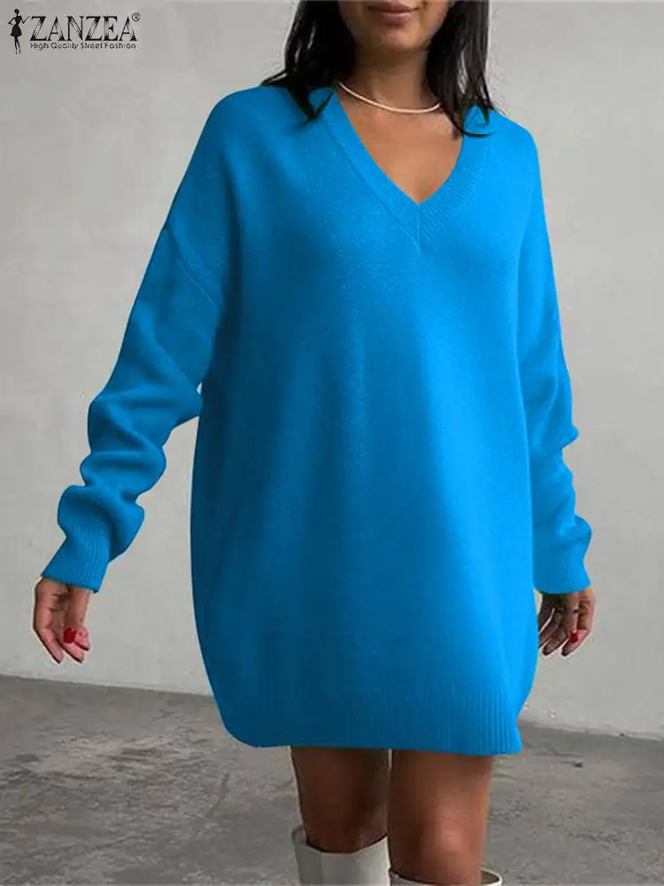 

ZANZEA Women Loose Long Pullover Fashion All-match Sweater V-Neck 2023 Winter Casual Long Sleeve Sweatshirt Solid Fall Outfits