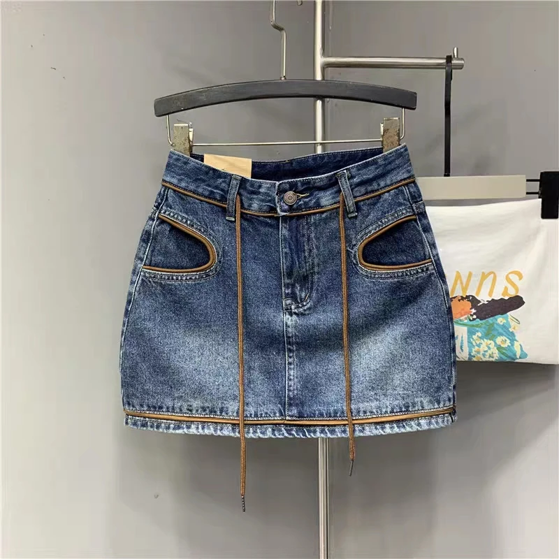 

2023 Spring New Blue Color Slimming Denim Skirt Contrast Color Decorative Open-Line A- line Skirt