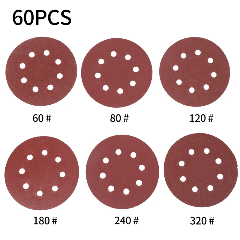 New 60PCS 5 Inch Sanding Discs Sandpaper Assorted 60 80 120 180 240 320 Grits For Power Random Track Sanders