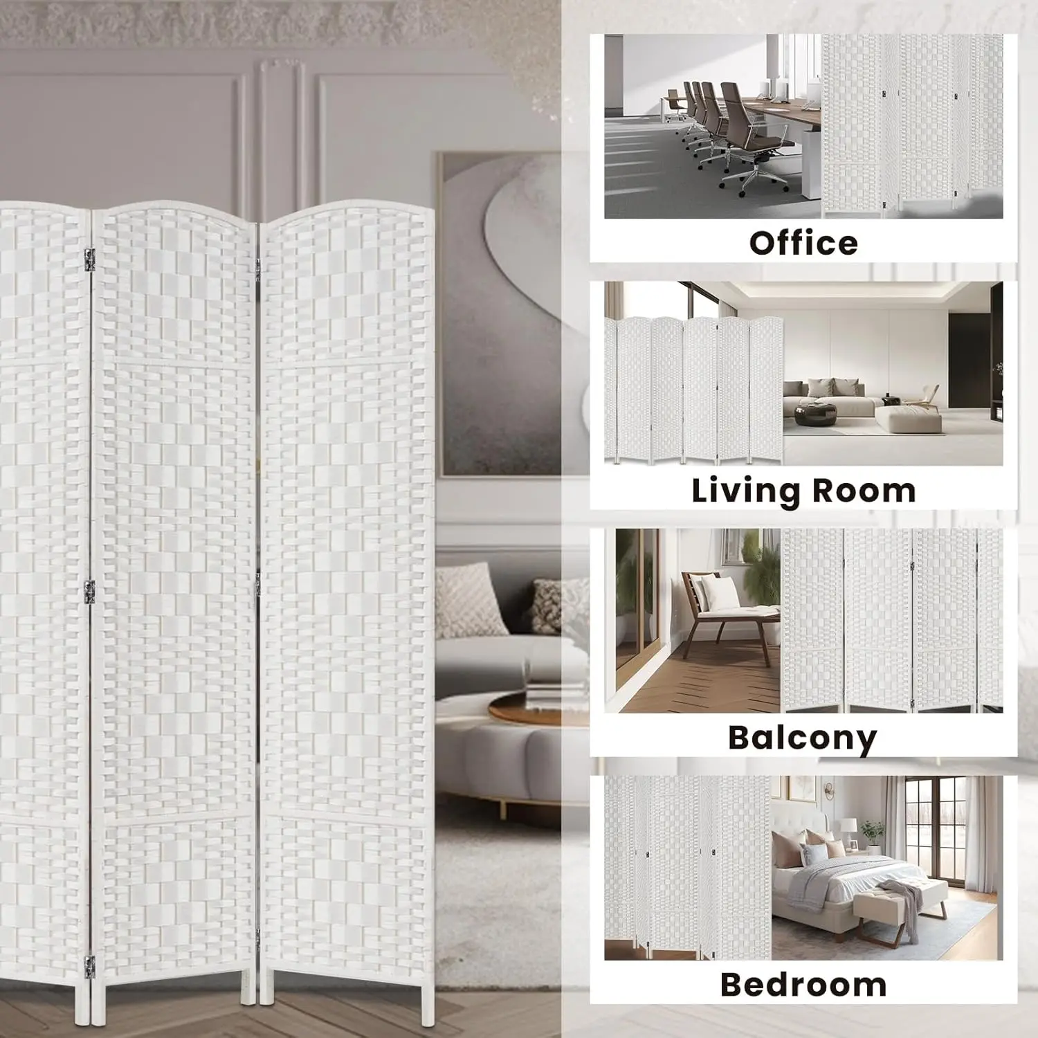 Rose Home Fashion Room Divider, 6 Ft Tall Room Dividers And Folding Privacy Screens, 16In Privacy Screen 8 Panel White Space 3