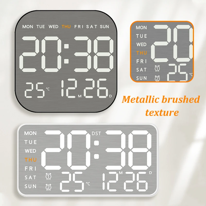 Creative Digital Wall Clock Temp Week Display USB Powered Table Clock Wall-mounted Auto Dimmer Dual Alarms Metal Brushed Clocks