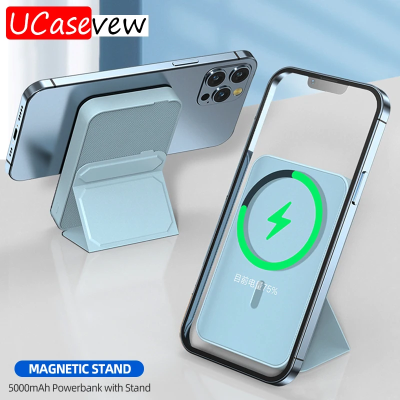 2 In1 Mini 5000Mah Magnetic 15W Wireless Power Bank Con Supporto Pieghevole Sottile Piccola Batteria Di Backup Portatile Per Iphone 13 12 Promax